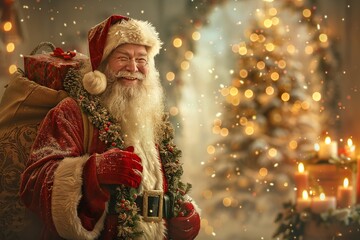 Wall Mural - This delightful scene features a smiling Santa Claus dressed in his traditional attire, surrounded by colorful presents and holiday decor, creating a cozy atmosphere filled with laughter and joy.