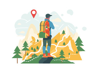 Hiking man with backpack and map on the mountain. Vector illustration