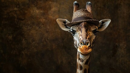 Canvas Print -   Giraffe wearing hat on dark background