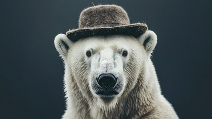 Sticker -   A close-up photo of a polar bear wearing a hat and giving a grave expression, looking directly into the lens