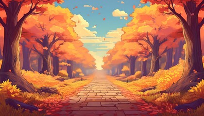 Wall Mural - Cozy Autumn Pathway - narrow forest pathway surrounded by trees with dense autumn forest. Game design asset. Graphic art illustration wallpaper