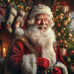 Wall Mural - This delightful scene features a smiling Santa Claus dressed in his traditional attire, surrounded by colorful presents and holiday decor, creating a cozy atmosphere filled with laughter and joy.