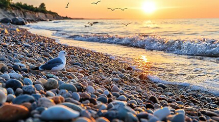 Canvas Print -   A seagull perched on a rocky shore beneath a fading sun, with gulls soaring above the tranquil sea