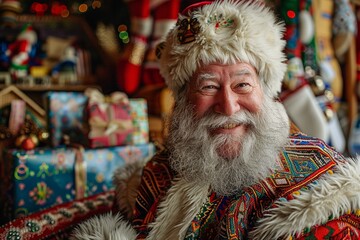 Wall Mural - This delightful scene features a smiling Santa Claus dressed in his traditional attire, surrounded by colorful presents and holiday decor, creating a cozy atmosphere filled with laughter and joy.