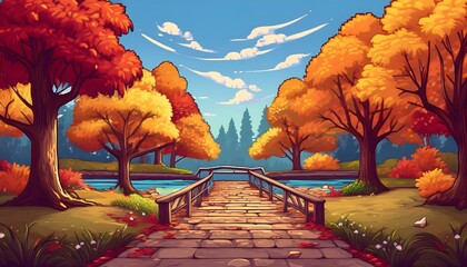 Colorful Autumn Trail Scene - cartoon outdoor trail in a park lined with trees. Game design asset. Graphic art illustration poster