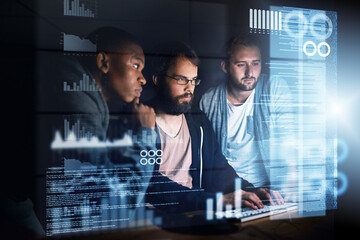 Programming hologram, man and team with computer at night for typing source code or graph data. Software development, group and web developer with cybersecurity analytics, database hacking and charts