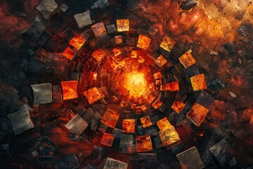 Wall Mural - Abstract fiery vortex of squares and fiery glow