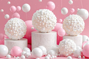 Wall Mural - White Bouncy Balls on Pink Background