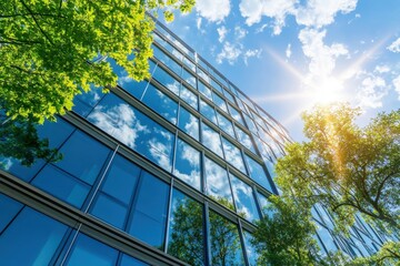 a modern office building with glass windows and trees in front, under the bright sunlight against a 