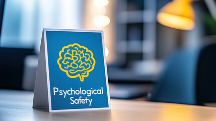 A sticker an office displays the text psychological safety and a logo depicting a human brain in a blue color