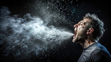 A dramatic, high-contrast image of a single, explosive sneeze, frozen in mid-air, surrounded by darkness, conveying the sudden, uncontrollable release of energy and tension.