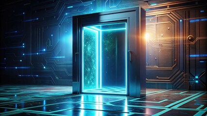 a futuristic, gleaming metallic door with a 3d holographic display, illuminated with neon codes, app