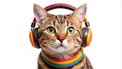 A playful cat wearing a colorful headset with microphone and earphones, isolated on a white background, conveying fun and technology.