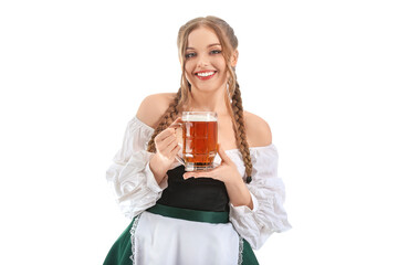 Poster - Beautiful Octoberfest waitress with beer on white background