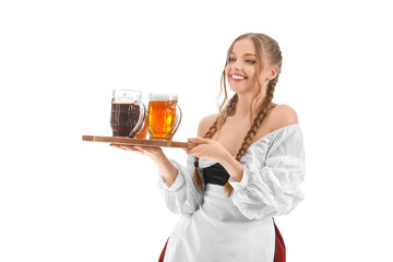 Poster - Beautiful Octoberfest waitress with beer on white background