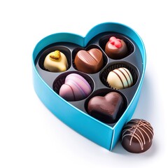 Wall Mural - Chocolates in gift Heart shape blue box isolated on a white background