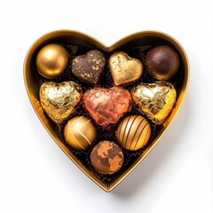 Wall Mural - Chocolates in gift Heart shape golden box isolated on a white background