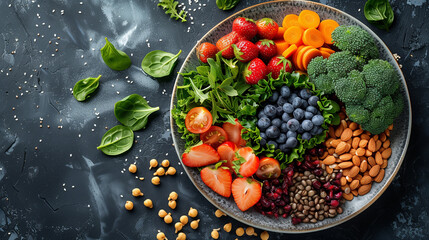 plate with superfoods arranged around, super food flat lay photography, greens, grains, fruits and vegetables