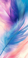 Wall Mural - A close-up of soft, flowing feathers in pastel blue and pink hues resembles delicate petals or wings with subtle textures.Copy space,flat lay