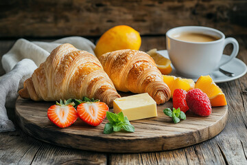 French croissant breakfast with fresh fruits, butter, and a cup of coffee on a rustic wooden table