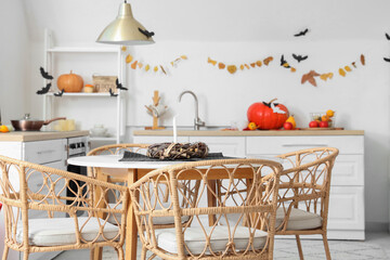 Interior of festive kitchen with Halloween decorations