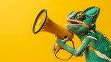 A colorful chameleon wearing glasses enthusiastically uses a megaphone to capture attention on a vibrant yellow backdrop