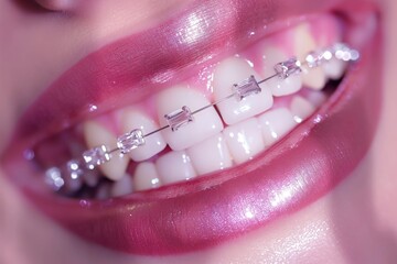 A closeup showcases a radiant smile featuring clear braces on perfectly straight teeth with glossy, pink lips in a bright environment