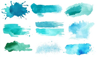 Blue watercolor stains with brush paint strokes kit