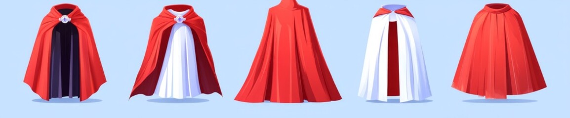 Superhero cape labels are atop white badges with a super hero cloak and fashion mantle illustrations.