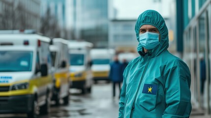 Fototapete - healthcare professionals in medical masks navigate a busy hospital area with numerous ambulances in 