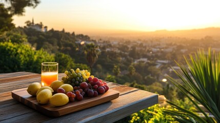 Fruit and Juice with a City View at Sunset