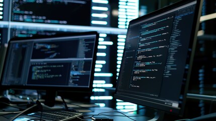 Computer monitors showing software code being programmed by developer
