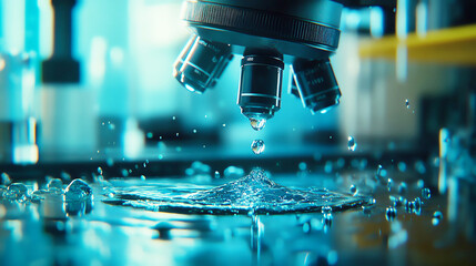 Closeup of a laboratory setting with a microscope focusing on a droplet of water teeming with life, Microscope Biology, Aquatic microscopic life