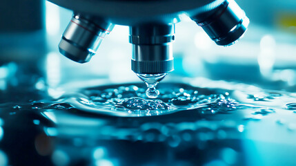 Closeup of a laboratory setting with a microscope focusing on a droplet of water teeming with life, Microscope Biology, Aquatic microscopic life