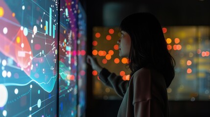Wall Mural - businesswoman analyzing data on interactive touchscreen display