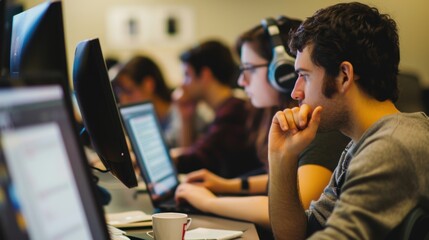 focused college student working on university project in computer lab