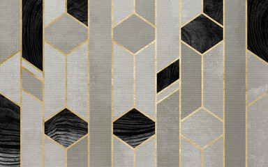 3d abstract wallpaper carpet background. black and beige golden shapes. modern bedroom and living room design wall