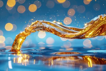 Wall Mural - Golden Liquid Splash with Blue Bokeh Background