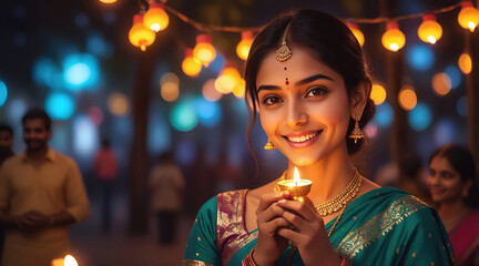 Wall Mural - Portrait of a hindi woman holding Diwali oil lamp in traditional indian saree celebrating diwali, festival of lights