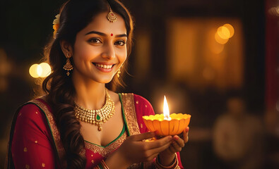 Wall Mural - Portrait of a hindi woman holding Diwali oil lamp in traditional indian saree celebrating diwali, festival of lights