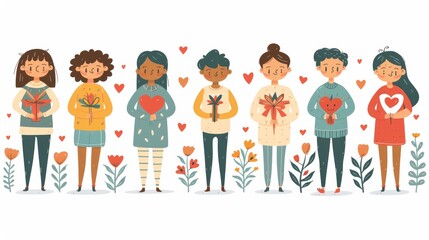 A set of happy people giving and receiving gifts, presenting flowers. Families, friends, love couples and children with gifts. Colored modern illustration isolated over a white background.