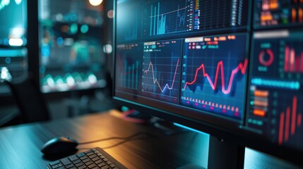 Wall Mural - computer monitor showing charts and data in a modern office at night