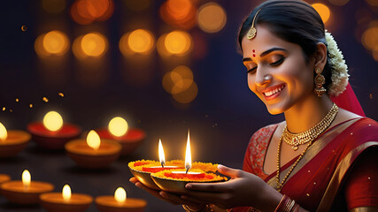 Wall Mural - Portrait of a hindi woman holding Diwali oil lamp in traditional indian saree celebrating diwali, festival of lights