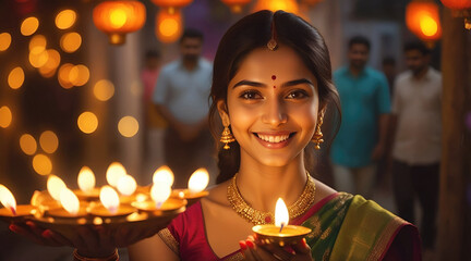 Wall Mural - Portrait of a hindi woman holding Diwali oil lamp in traditional indian saree celebrating diwali, festival of lights