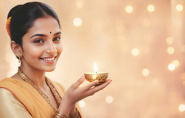 Wall Mural - Portrait of a hindi woman holding Diwali oil lamp in traditional indian saree celebrating diwali, festival of lights