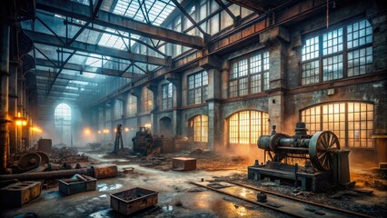 Ominous and foreboding, a misty abandoned warehouse interior with rusty machinery, broken windows, and dimly lit walls sets a hauntingly eerie industrial atmosphere.