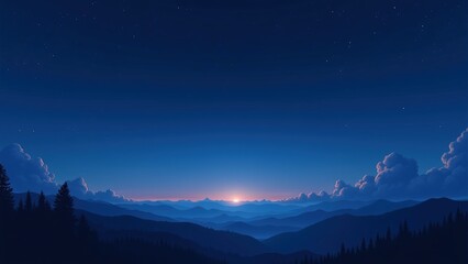  A serene mountain landscape at twilight, with a soft glow on the horizon where the sun is setting, surrounded by dark silhouettes of trees and mountains