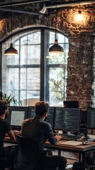 Wall Mural - Two men sitting at a table with computers on it, AI