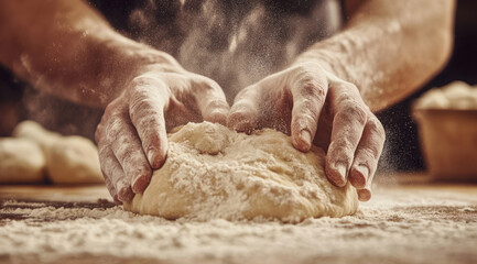 Hands kneading dough on a floured surface with flour dust in the air, close-up of baking preparation