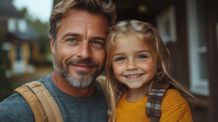 Happy father and daughter smiling, close-up portrait in warm indoor setting. Family bonding, generational connection, fatherhood, parent-child relationship, love and affection, joyful moment